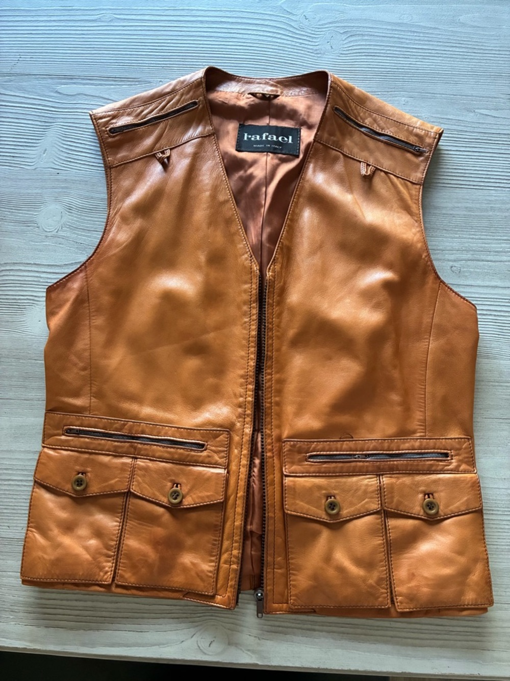 RAFAEL Tan Leather Lined Vest with Black Label- Vintage